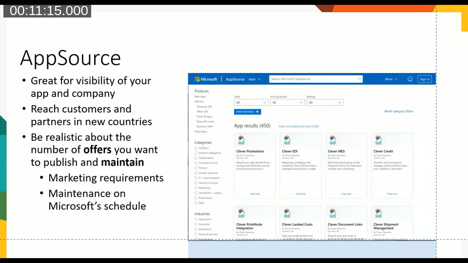 AppSource strategy slide: thinking technically with many small apps but marketing as a single consulting offer per vertical