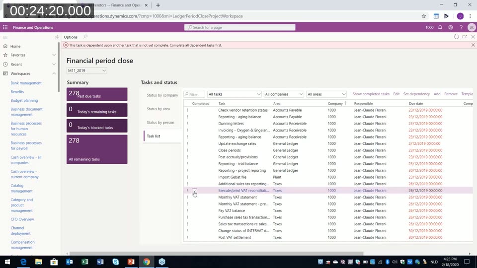 Financial Period Close workspace showing period-end tasks, responsible persons, target dates, and completion status per legal entity