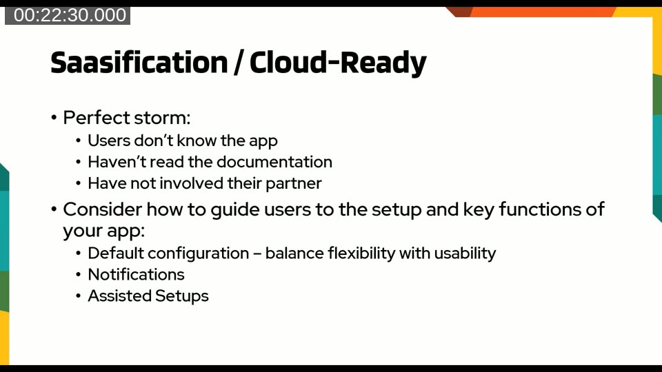 SaaSification slide covering default configuration, install notifications, and assisted setup wizards for self-service app onboarding