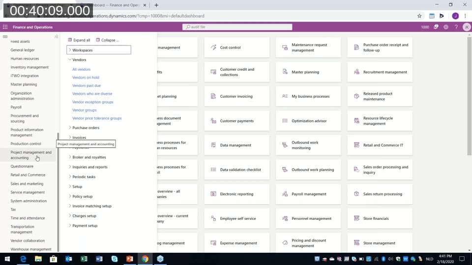 D365 Finance module navigation and Security Diagnostics showing role, duty, and privilege hierarchy for screen access