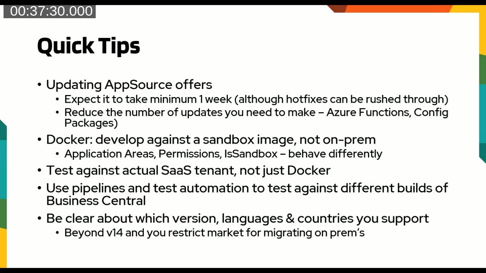 Quick tips for ISVs on AppSource: certification timelines, Azure Functions for API proxying, Docker vs SaaS testing differences