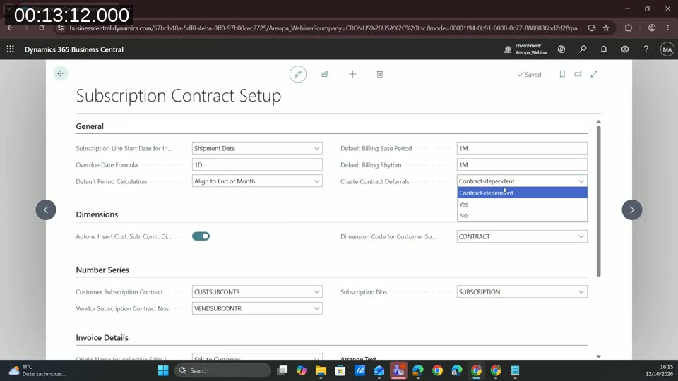 Subscription Contract Setup page with subscription line start date, default billing base period and rhythm, and the Create Contract Deferrals options