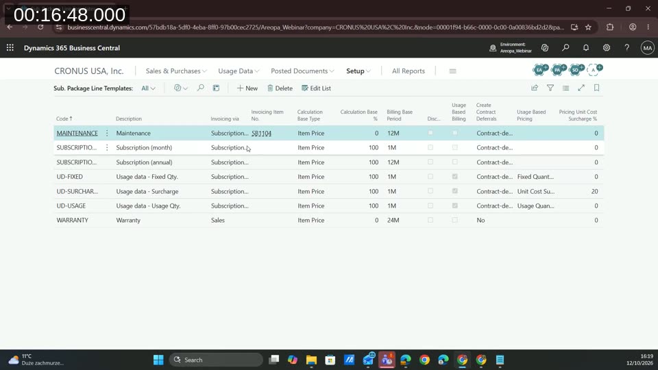 Subscription Package Line Templates list with maintenance, subscription, usage data and warranty templates