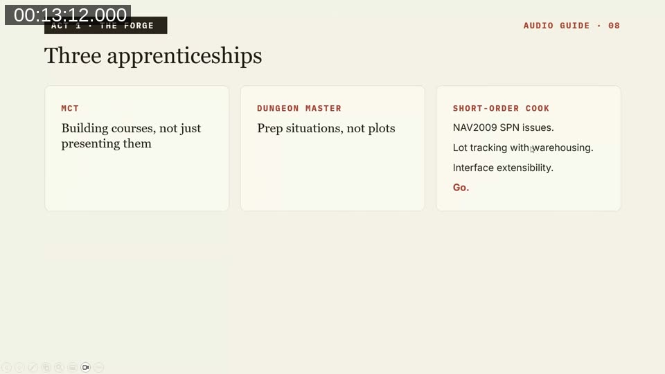 Slide 'Three apprenticeships': MCT training, Dungeon Master and the short-order cook advisory service
