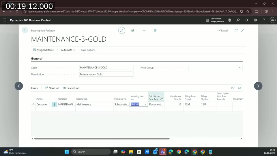 Subscription package MAINTENANCE-3-GOLD with a customer line using a package line template, billing base period and billing rhythm