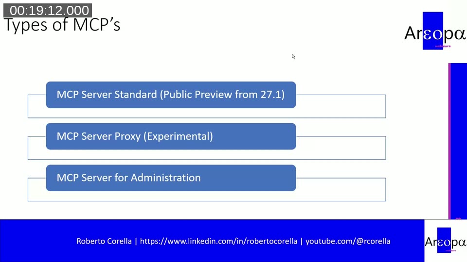 Slide listing the three Business Central MCP servers: Standard (public preview from 27.1), Proxy (experimental) and Administration