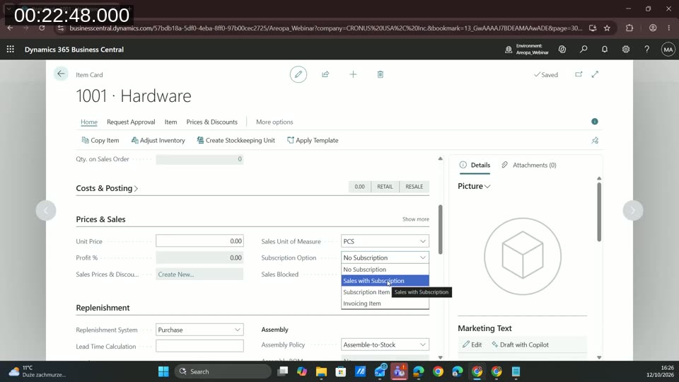 Item card for the Hardware item with the Subscription Option dropdown showing No Subscription, Sales with Subscription, Subscription Item and Invoicing Item