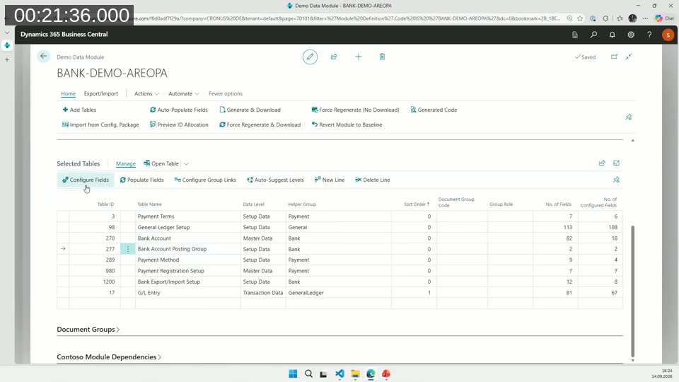 Demo Data Module card BANK-DEMO-AREOPA with the list of selected tables, data levels and helper groups