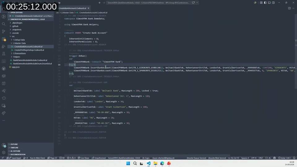 VS Code showing the generated Create Bank Account codeunit with label constants and an InsertBankAccount call