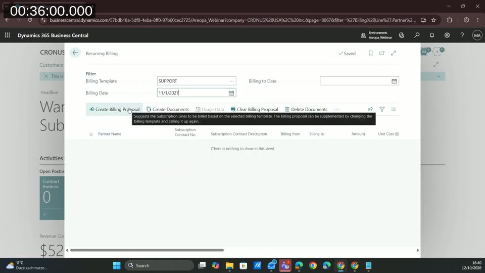Recurring Billing page filtered by the SUPPORT billing template, with the Create Billing Proposal action highlighted