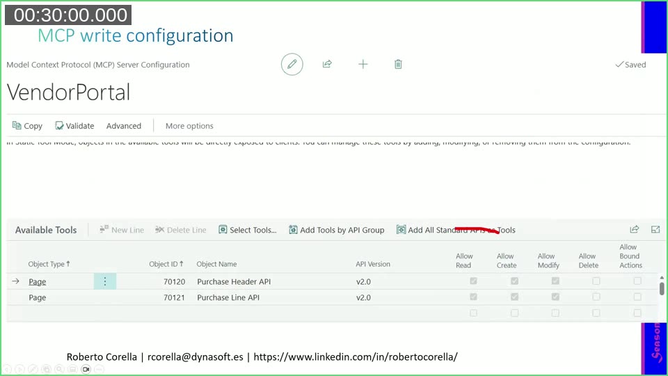 Business Central MCP write configuration named VendorPortal with the available tools list showing Purchase Header API and Purchase Line API and their read, create, modify and delete permissions