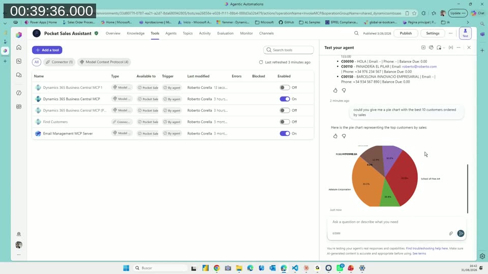 Copilot Studio test pane showing a pie chart of the top 10 customers by sales produced by the agent