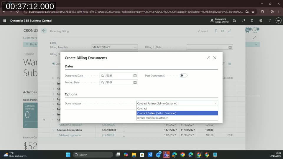 Create Billing Documents dialog with the Document per option set to Contract Partner (Sell-to Customer)