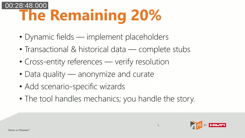 Slide listing the remaining 20 percent of work after generation, from dynamic fields to scenario-specific wizards