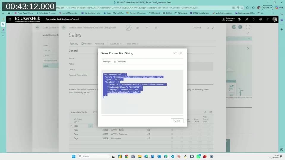 Business Central Sales Connection String dialog with the JSON for url, type, TenantId, EnvironmentName, Company and ConfigurationName