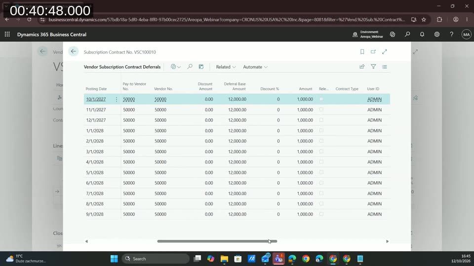 Vendor Subscription Contract Deferrals page splitting a 12,000 yearly vendor invoice into twelve monthly deferrals of 1,000