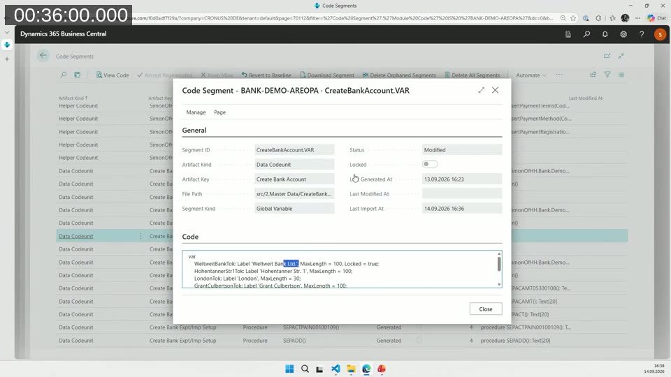 Code Segment page in Business Central showing a manually edited segment of the generated bank account code