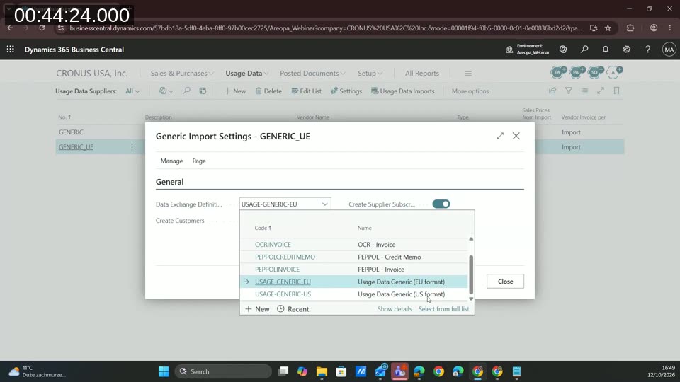 Generic Import Settings page for usage data with the Data Exchange Definition set to the EU format