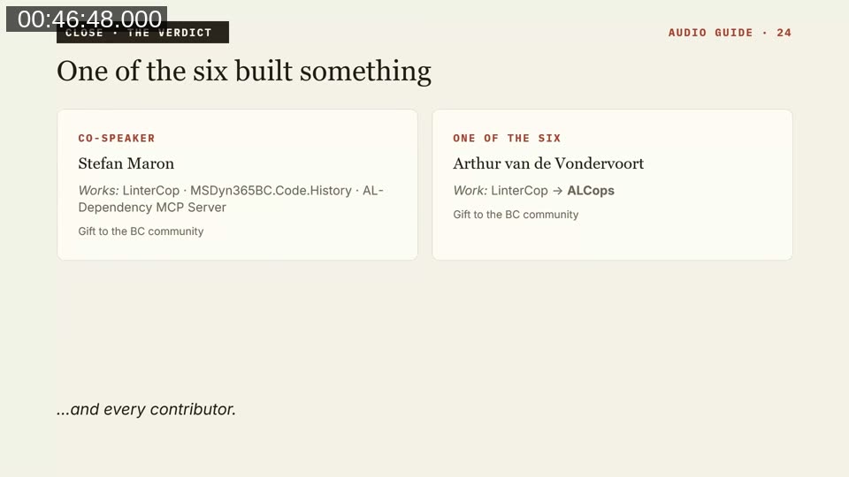 Slide 'One of the six built something' naming Stefan Maron and Arthur van de Vondervoort and the LinterCop project